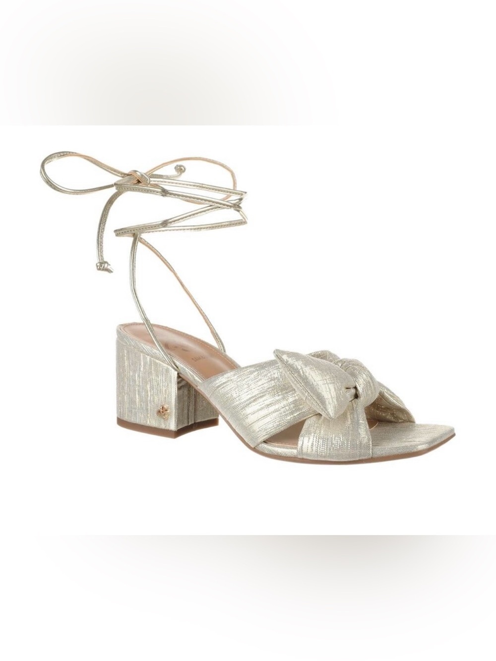 Sam & Libby Metallic Gold Knot Block Heel Sandal with Ankle Wrap
